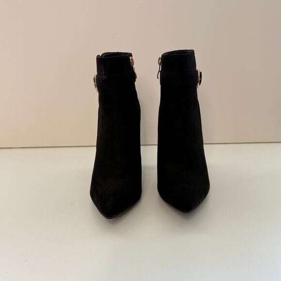 Idifu Dana Pointed Toe Stiletto High Heels Ankle Bootie Sz 6.5 Faux Suede Buckle - Picture 2 of 9